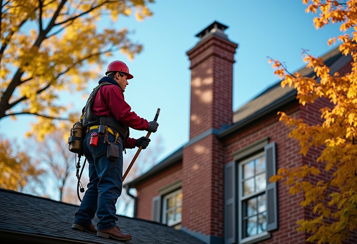 Chimney sweep on the roof of a brick colonial home — Arlington